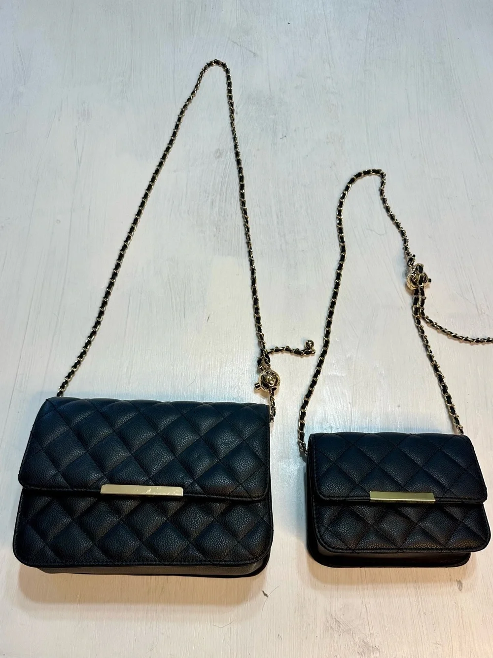 Black Quilted Crossbody Purse Set 2 Bags Gold Chain Faux Leather Matching